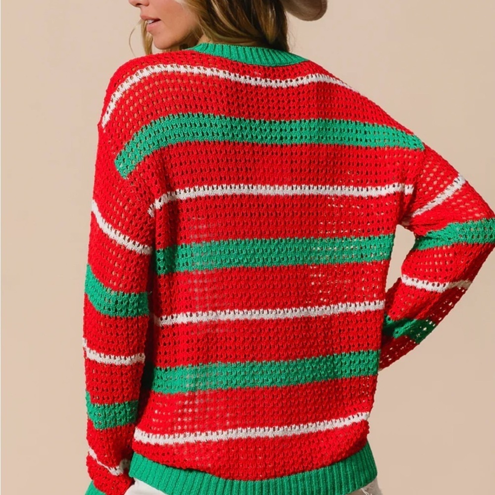 Striped Red and Green Women's Sweater - Picture 9 of 9